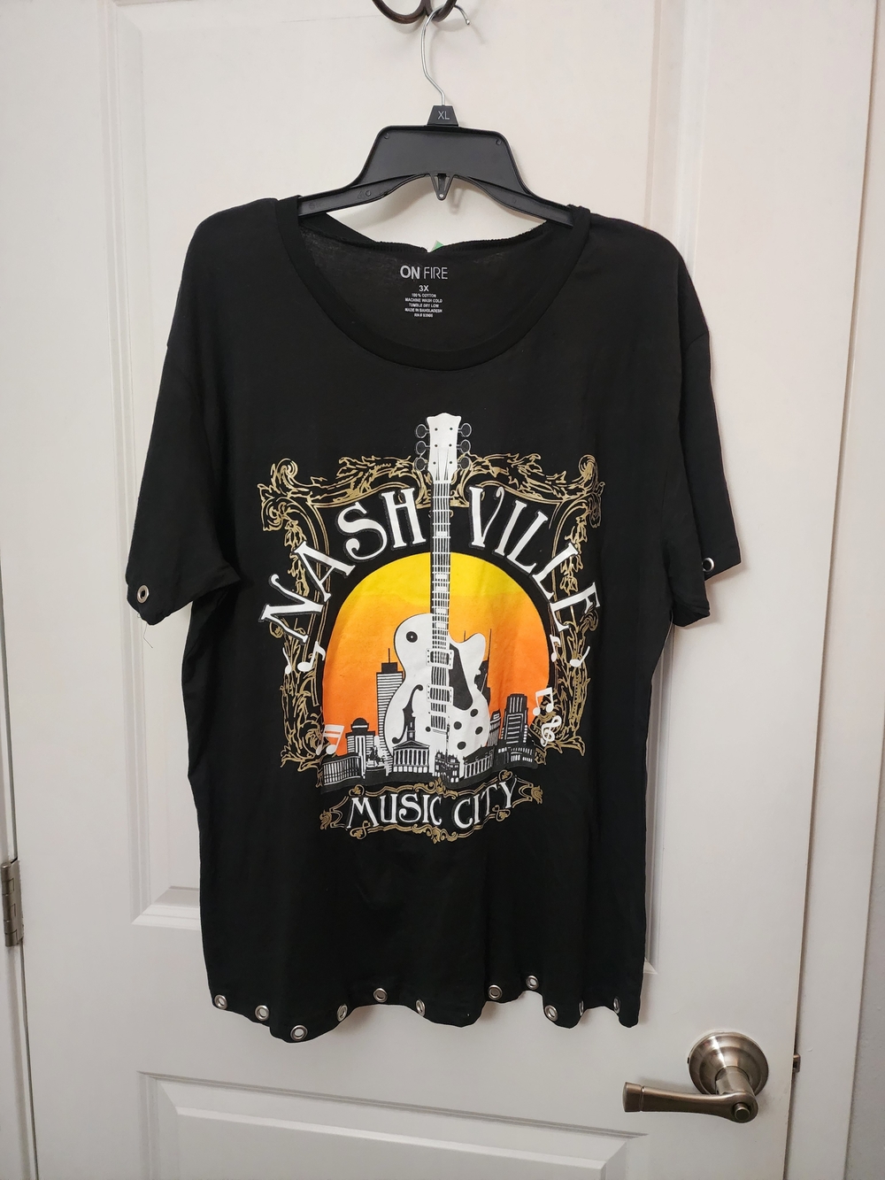 On Fire Black Nashville Music City Graphic Tee with Orange & Yellow Sunset